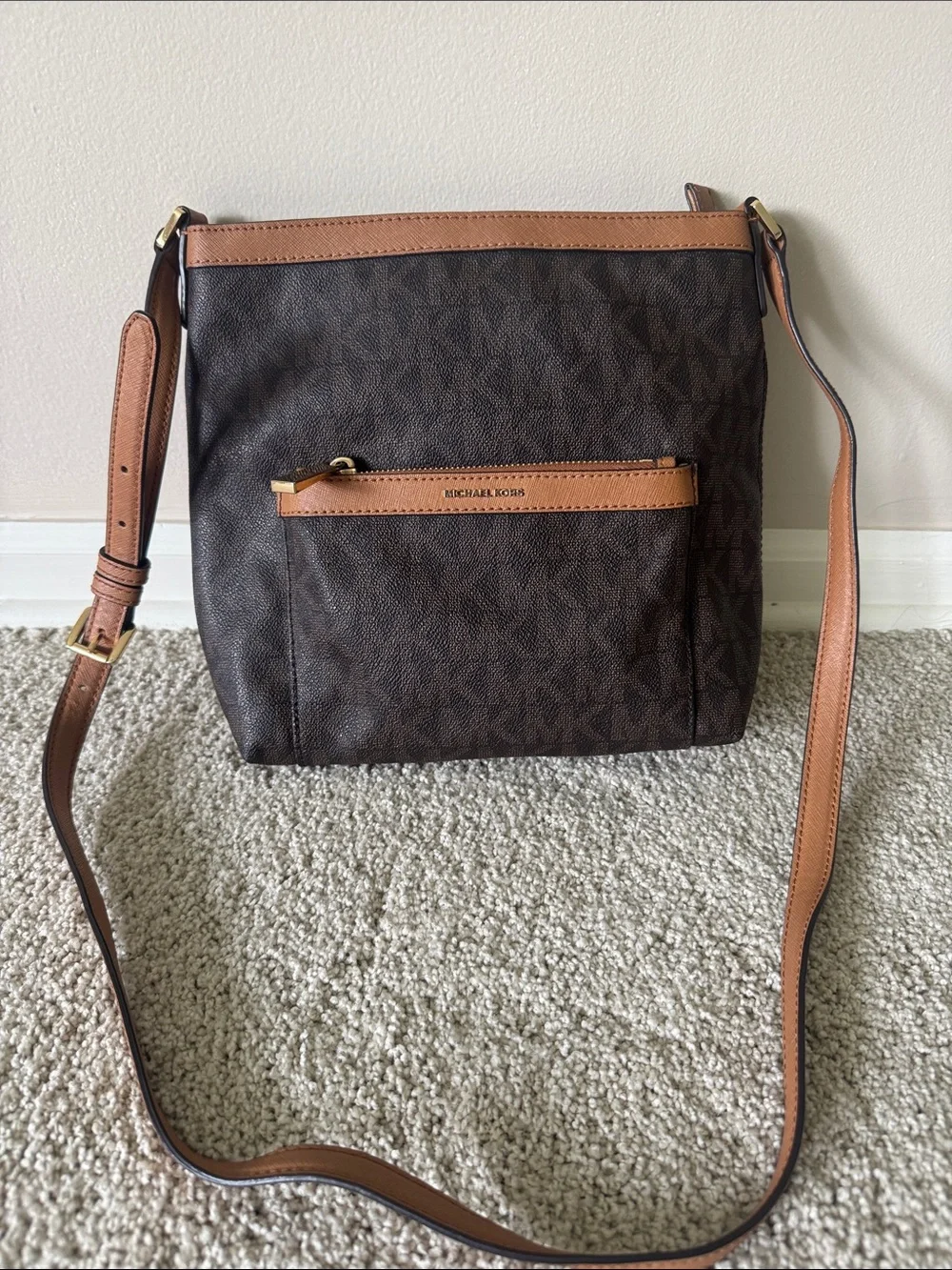 Michael Kors Brown and Tan MK Logo Crossbody Shoulder Bag